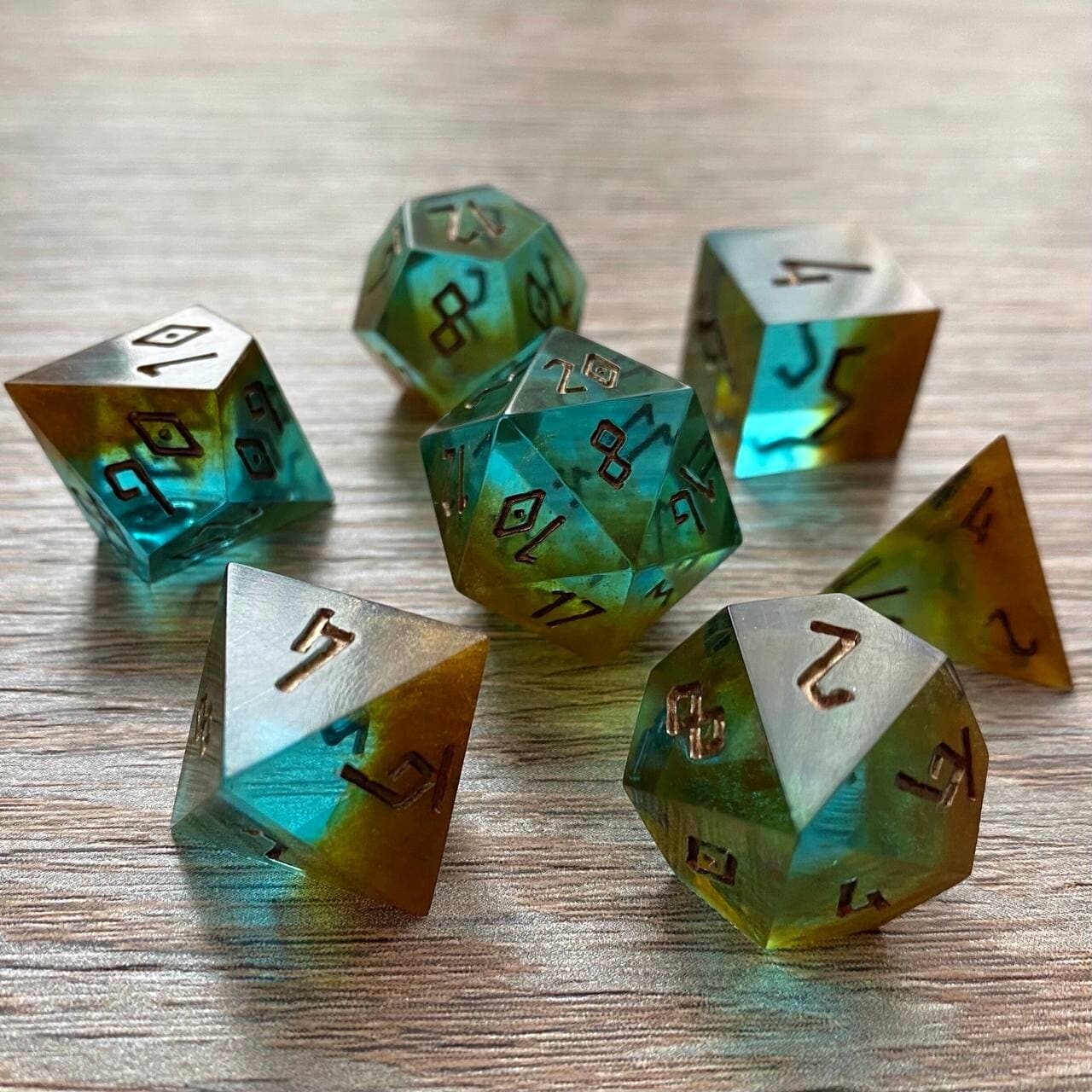 DnD Dice Set | Rusty Emerald | DnD Handmade Resin Sharp Edge Dice by Fantasy Minis