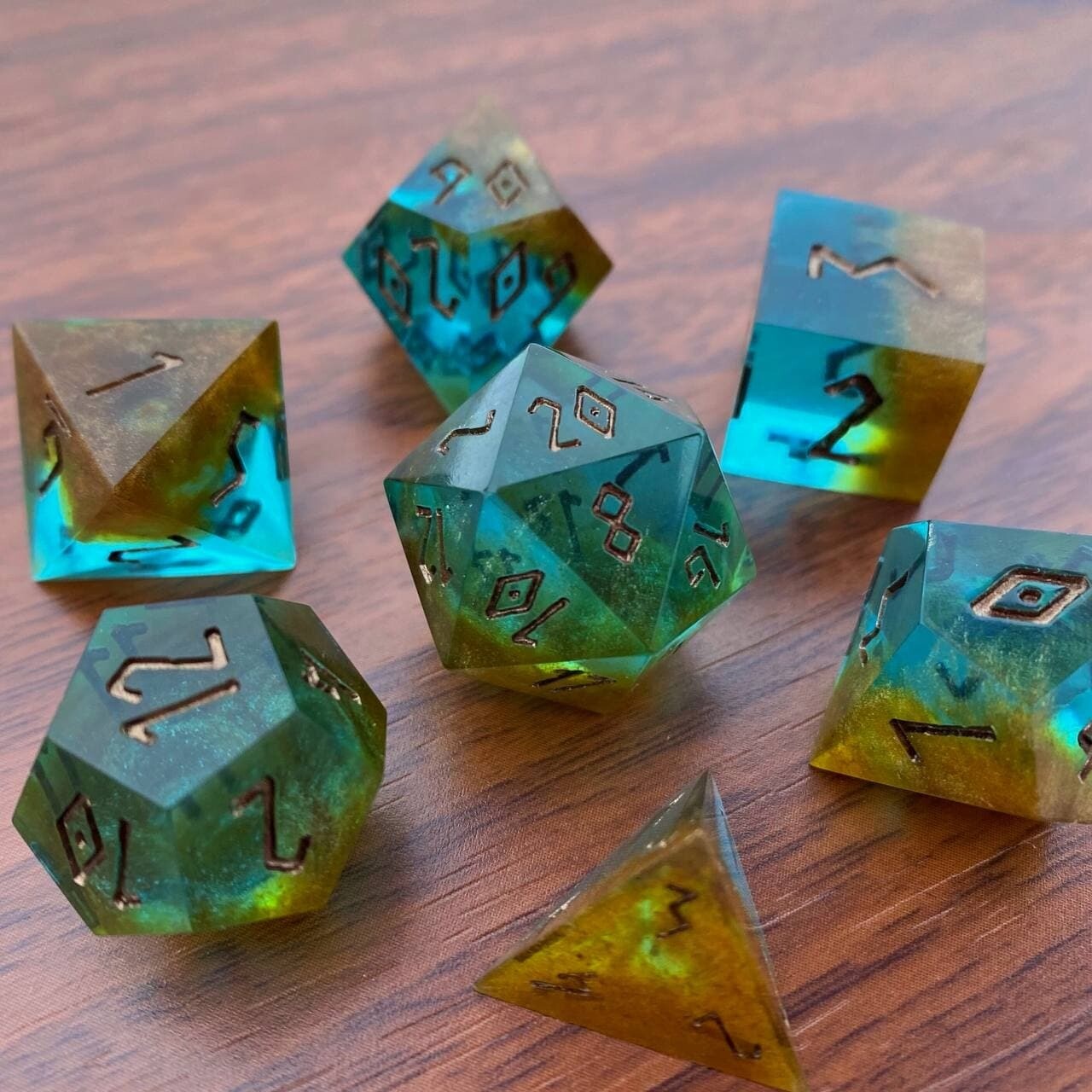 DnD Dice Set | Rusty Emerald | DnD Handmade Resin Sharp Edge Dice by Fantasy Minis
