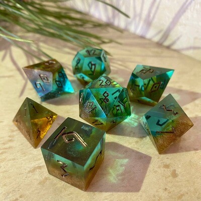 DnD Dice Set | Rusty Emerald | DnD Handmade Resin Sharp Edge Dice by Fantasy Minis