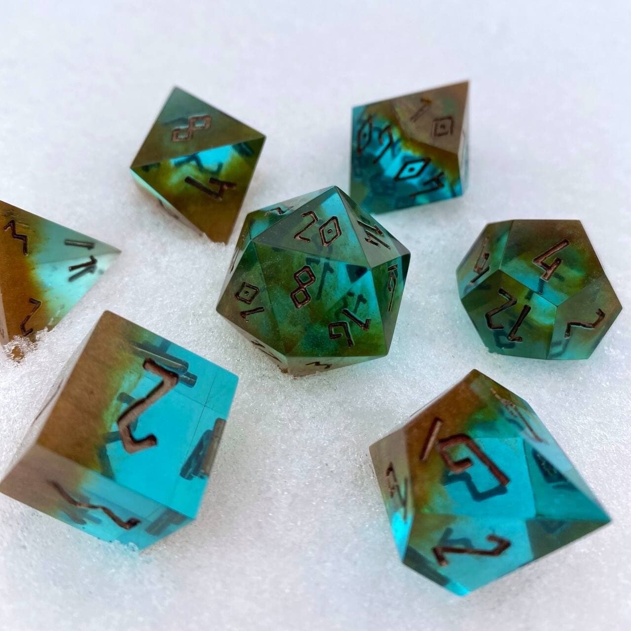 DnD Dice Set | Rusty Emerald | DnD Handmade Resin Sharp Edge Dice by Fantasy Minis