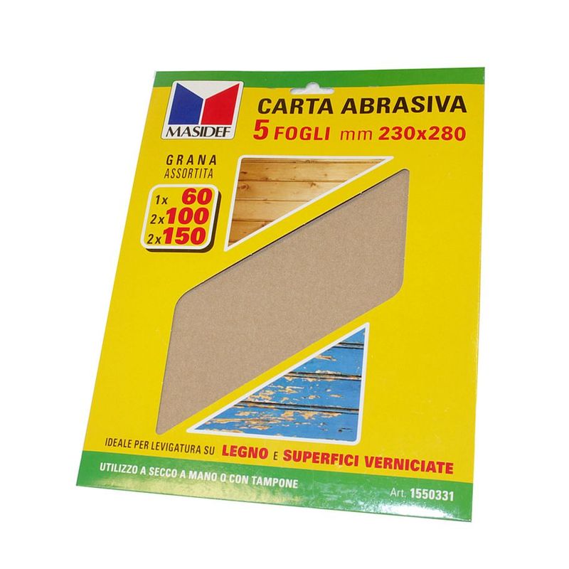 Set 5 fogli carta abrasiva per legno e superfici verniciate