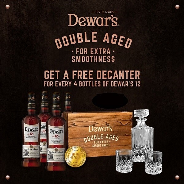 (Free Decanter & 2 Glasses) Dewar's '12 Years Old' Blended Scotch Whisky 4-Bottle Pack