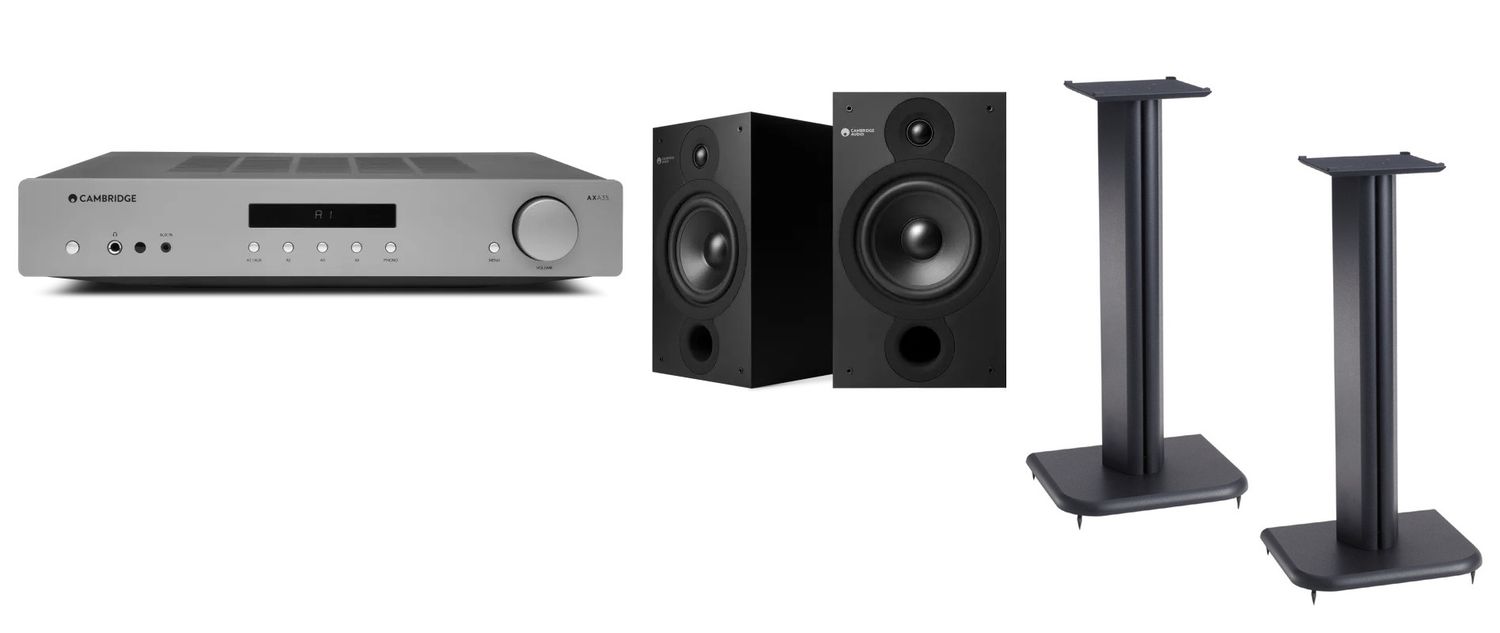 Bundled System #2: Cambridge Audio AXA35 Amp, Cambridge Audio SX-60 Speakers, Sanus F24B Stands, and Cambridge Audio BT100 Bluetooth Adapter