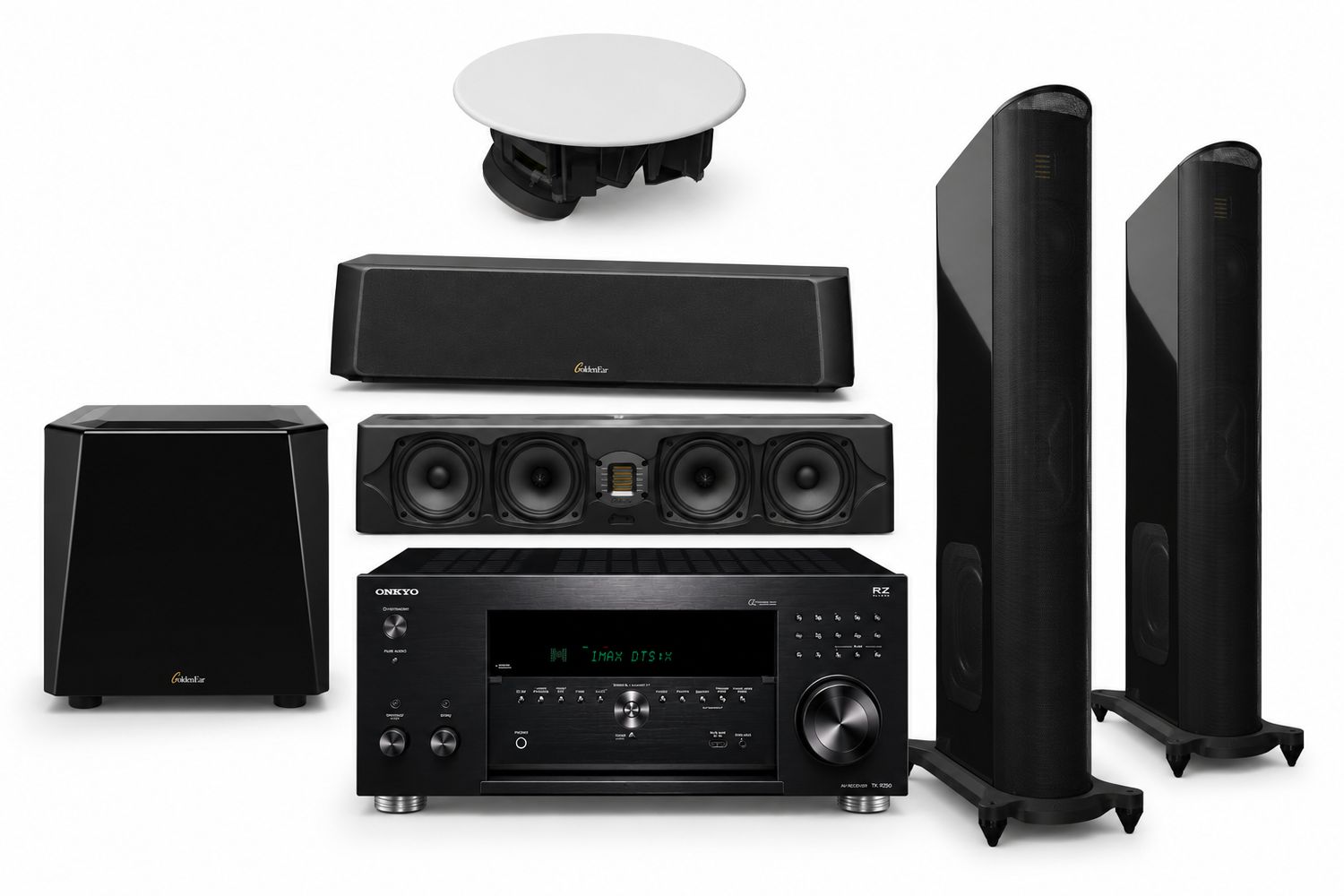 Bundled System #8:  GoldenEar SuperSub X Subwoofer, SuperCenter Reference Center-Channel, Invisa 650 + HTR 7000 Ceiling Speakers, T44 Floorstanding Speakers, and Onkyo TX-RZ50 9.2 AV Receiver