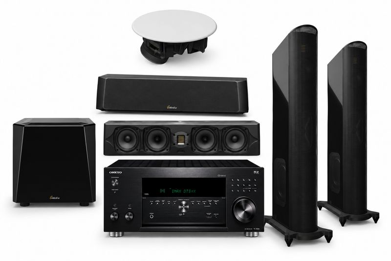 Bundled System #8:  GoldenEar SuperSub X Subwoofer, SuperCenter Reference Center-Channel, Invisa 650 + HTR 7000 Ceiling Speakers, T44 Floorstanding Speakers, and Onkyo TX-RZ50 9.2 AV Receiver