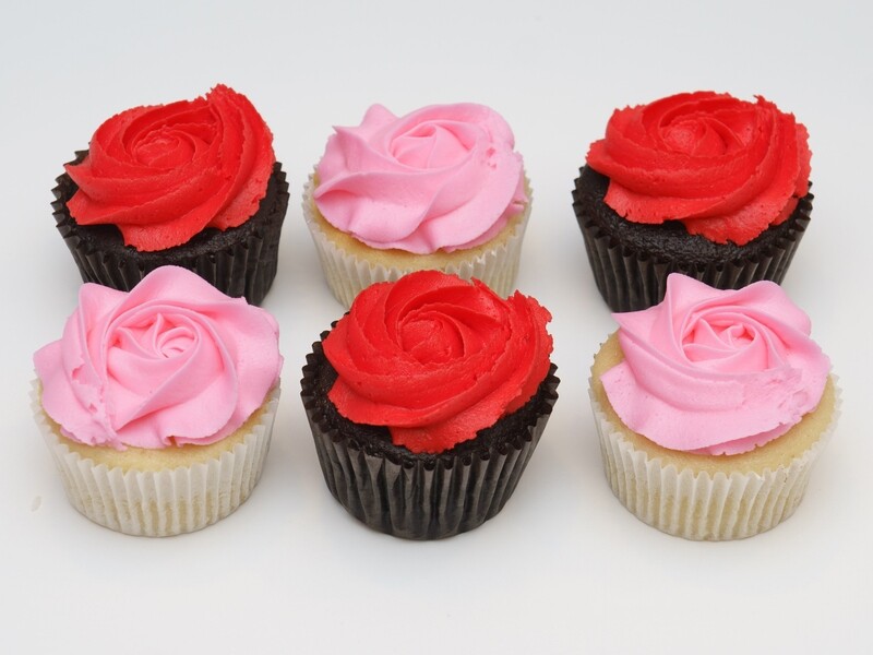 Rosette Flower Half Dozen Cupcakes, Rosette Colors: Half Red Half Pink