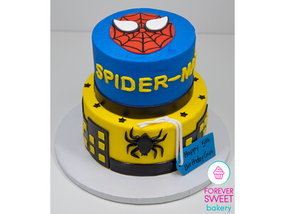 2 Tier Spiderman with Face, Buildings, & Spider Cake