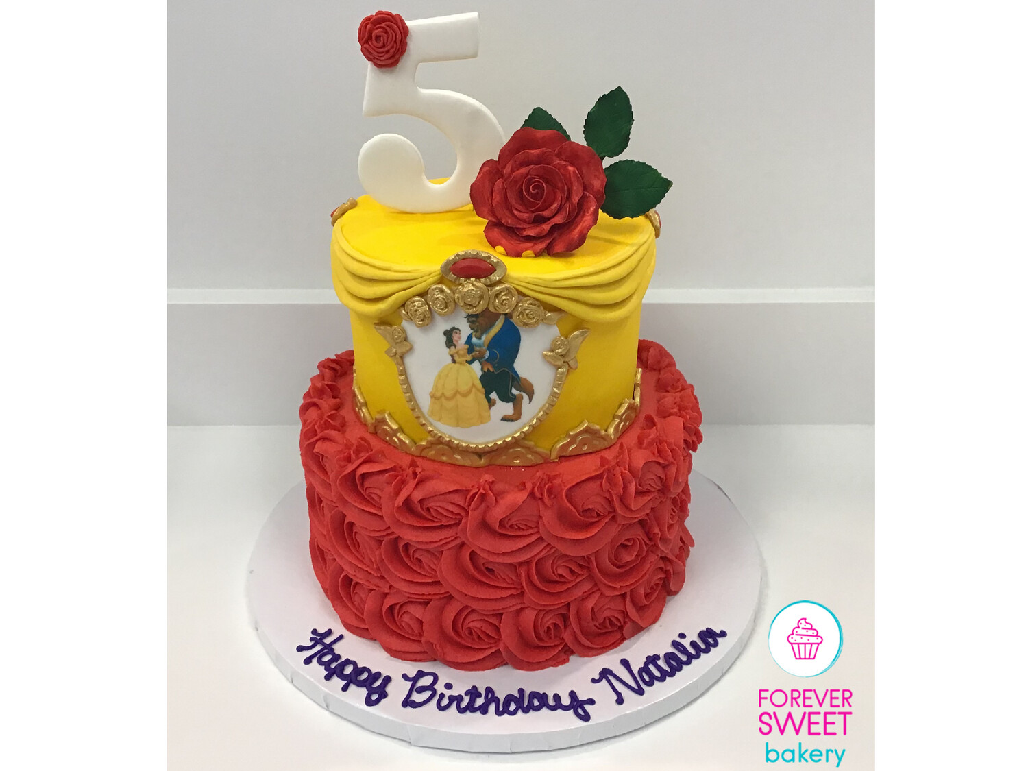 2 Tier Dancing Beauty & The Beast Rosette and Roses Cake