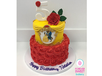 2 Tier Dancing Beauty &amp; The Beast Rosette and Roses Cake