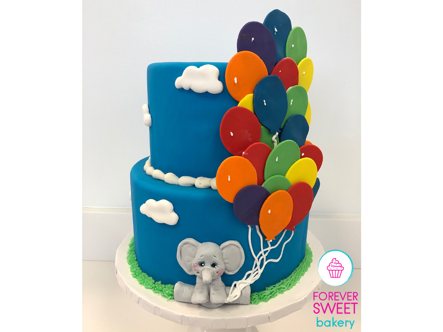 2 Tier Elephant with Balloons Fondant Covered Cake
