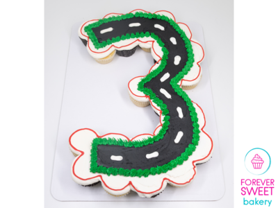 Race Track Themed Number 3 Shaped Pull A Part Cupcake Cake