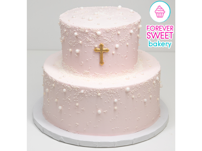 2 Tier Gold Cross with White Pearls Cake