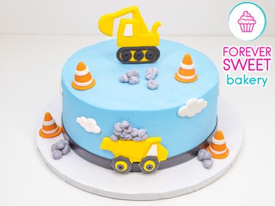 Construction Themed Trucks, Cones, &amp; Clouds Cake