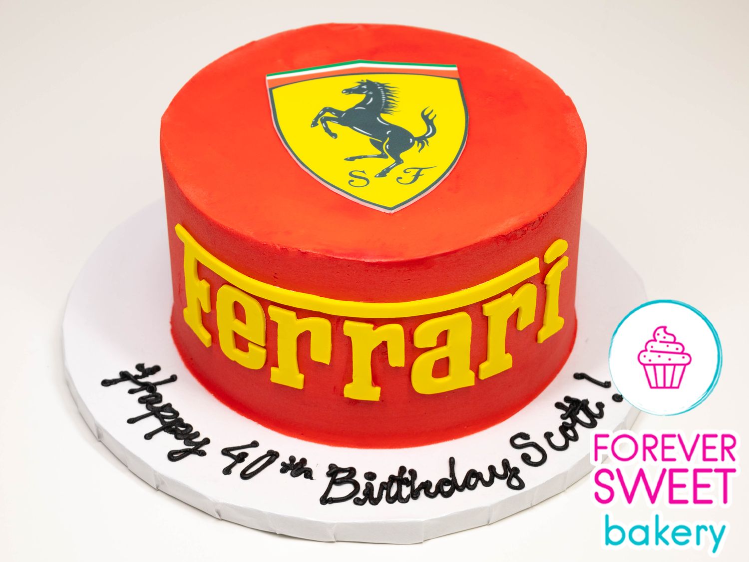 Ferrari Logo and Fondant Ferrari Lettering Cake