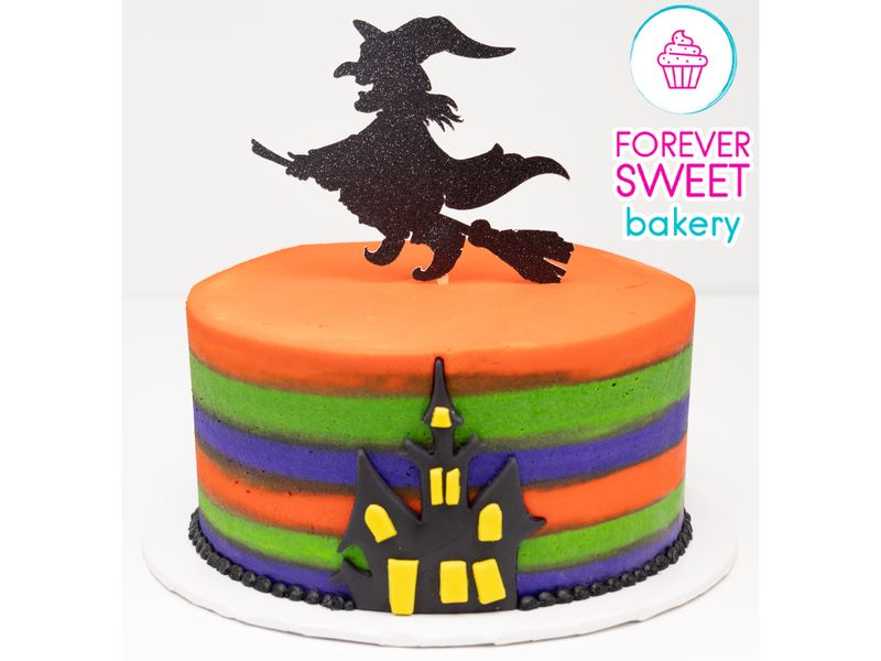 Halloween Haunted House and Witch Topper Striped Cake