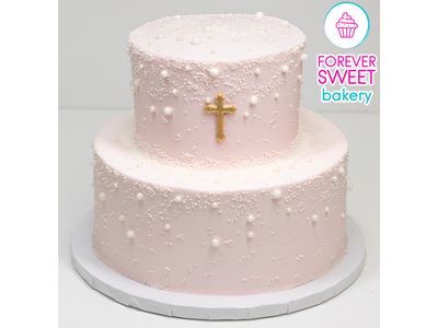 2 Tier Gold Cross with White Pearls Cake