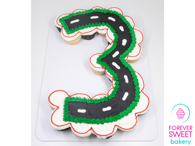 Race Track Themed Number 3 Shaped Pull A Part Cupcake Cake