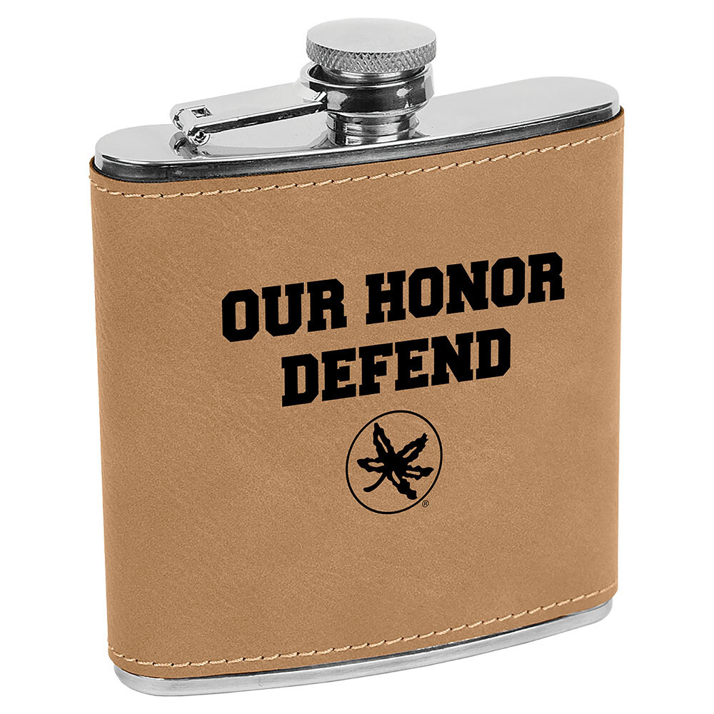Ohio State Our Honor Defend Logo - Light Brown Leatherette Flask