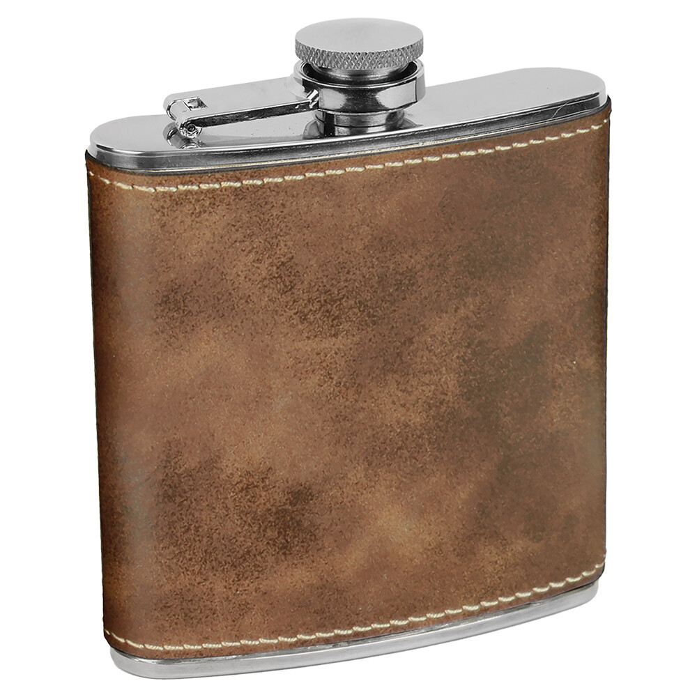 Barware &amp; Flasks - 6oz Rustic Brown with Gold Leatherette Stainless Steel Flask