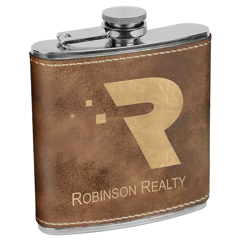 Barware &amp; Flasks - 6oz Rustic Brown with Gold Leatherette Stainless Steel Flask
