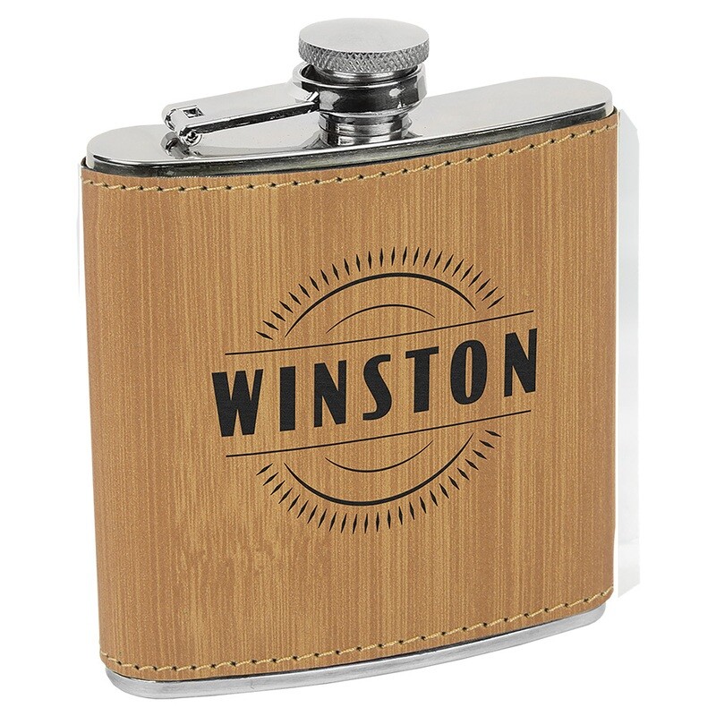 Barware &amp; Flasks - 6oz Bamboo Leatherette Stainless Steel Flask