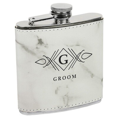 Barware &amp; Flasks - 6oz White Marble Leatherette Stainless Steel Flask