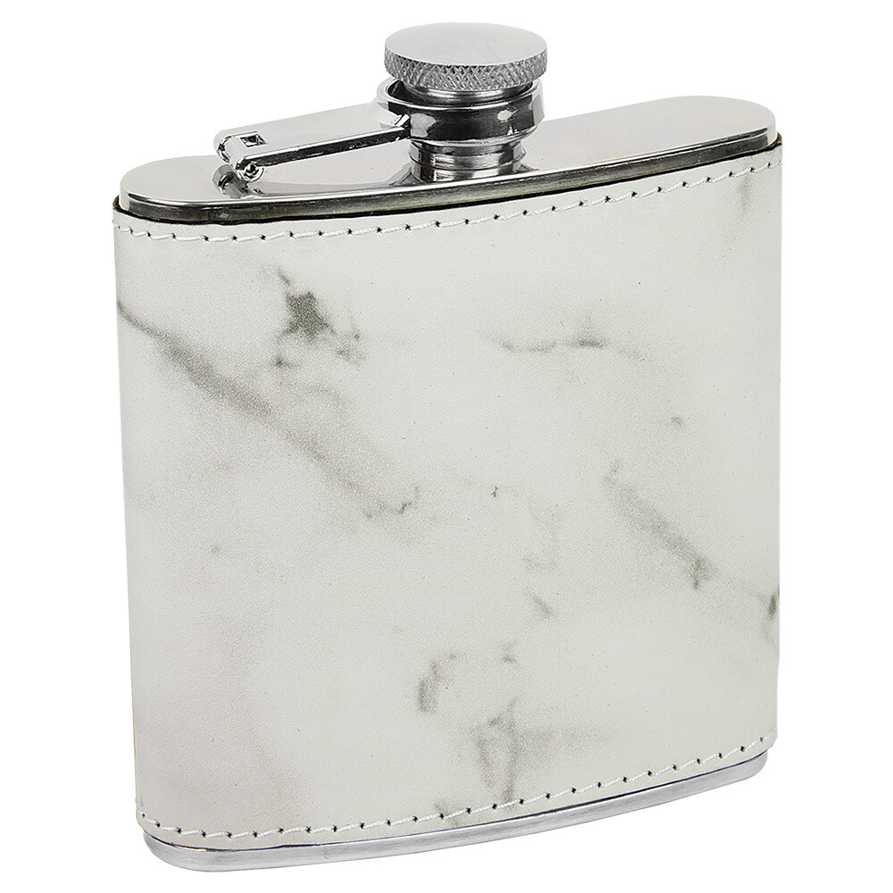 Barware &amp; Flasks - 6oz White Marble Leatherette Stainless Steel Flask