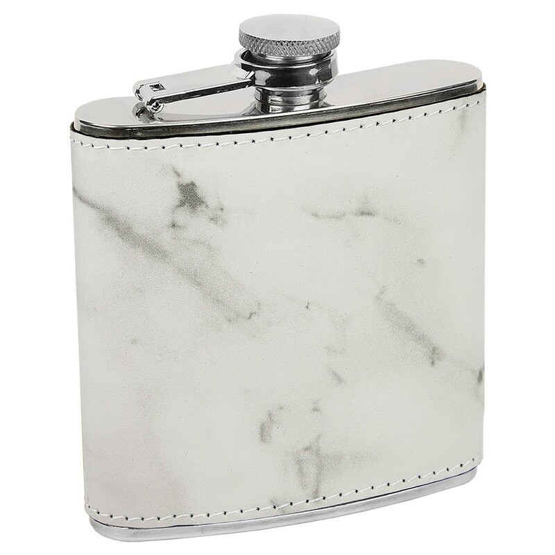 Barware &amp; Flasks - 6oz White Marble Leatherette Stainless Steel Flask