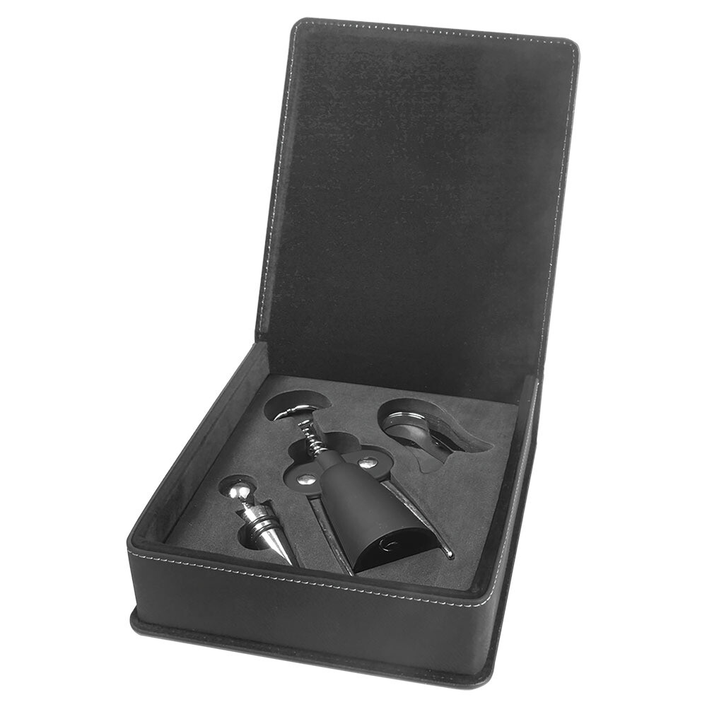 Beer &amp; Wine Gifts - Black with Gold Leatherette 3-Piece Wine Tool Gift Set