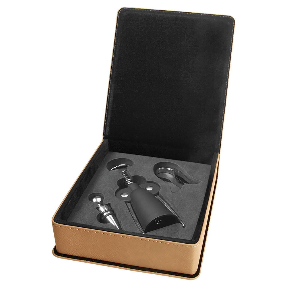 Beer &amp; Wine Gifts - Light Brown Leatherette 3-Piece Wine Tool Gift Set