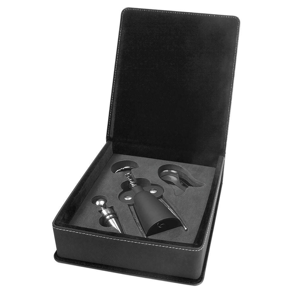 Beer &amp; Wine Gifts - Black with Silver Leatherette 3-Piece Wine Tool Gift Set