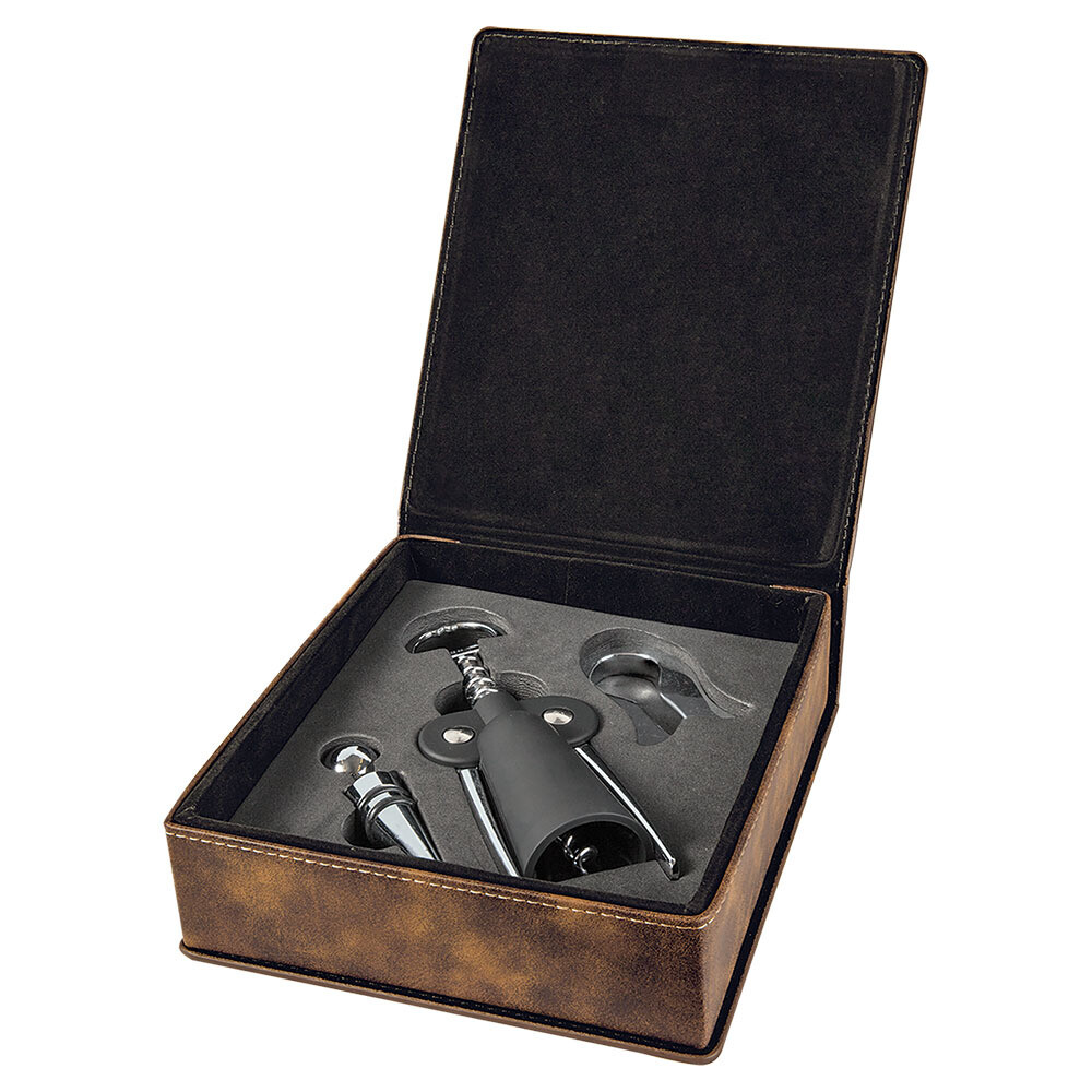 Beer &amp; Wine Gifts - Rustic Brown with Gold Leatherette 3-Piece Wine Tool Gift Set