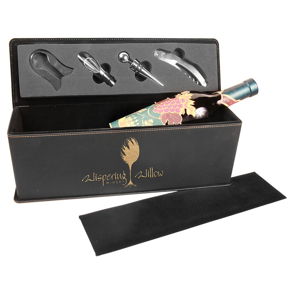 Beer &amp; Wine Gifts - Black with Gold Leatherette Wine Box with Tools