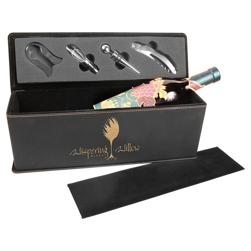 Beer &amp; Wine Gifts - Black with Gold Leatherette Wine Box with Tools