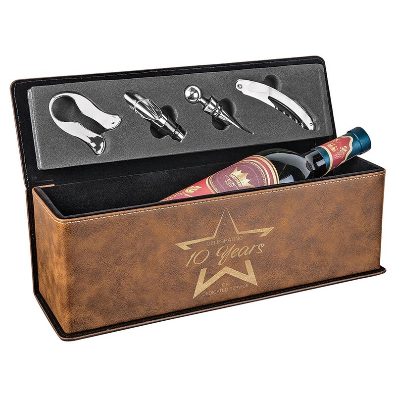 Beer &amp; Wine Gifts - Rustic Brown with Gold Leatherette Wine Box with Tools