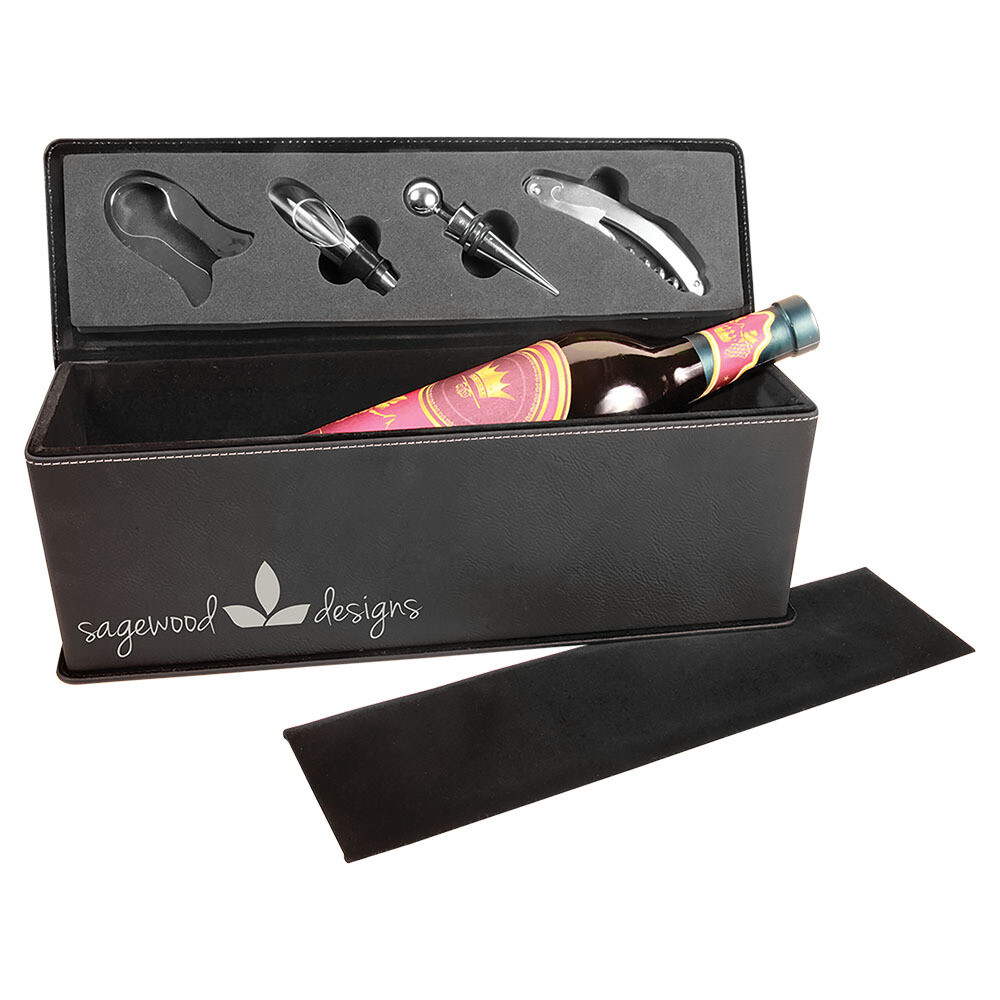 Beer &amp; Wine Gifts - Black with Silver Leatherette Wine Box with Tools