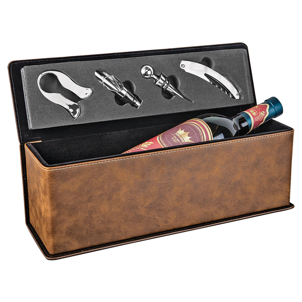 Beer &amp; Wine Gifts - Rustic Brown with Gold Leatherette Wine Box with Tools