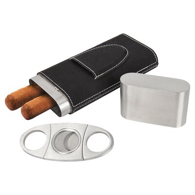Cigar Gifts - Black with Silver Leatherette Cigar Case with Cutter