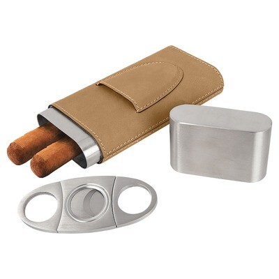 Cigar Gifts - Light Brown Leatherette Cigar Case with Cutter