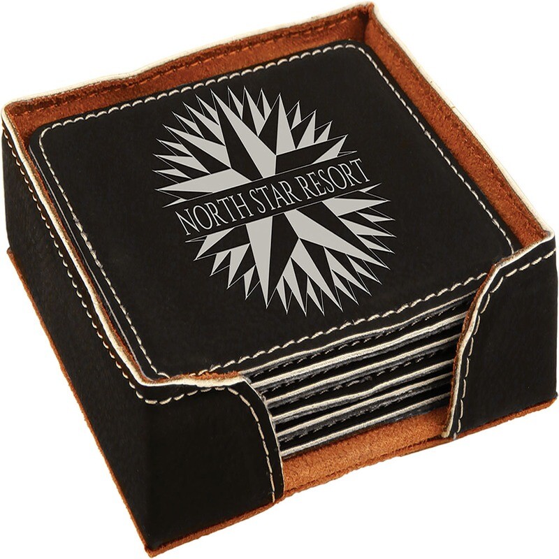 Coasters - Black with Silver Square Leatherette Coaster Set