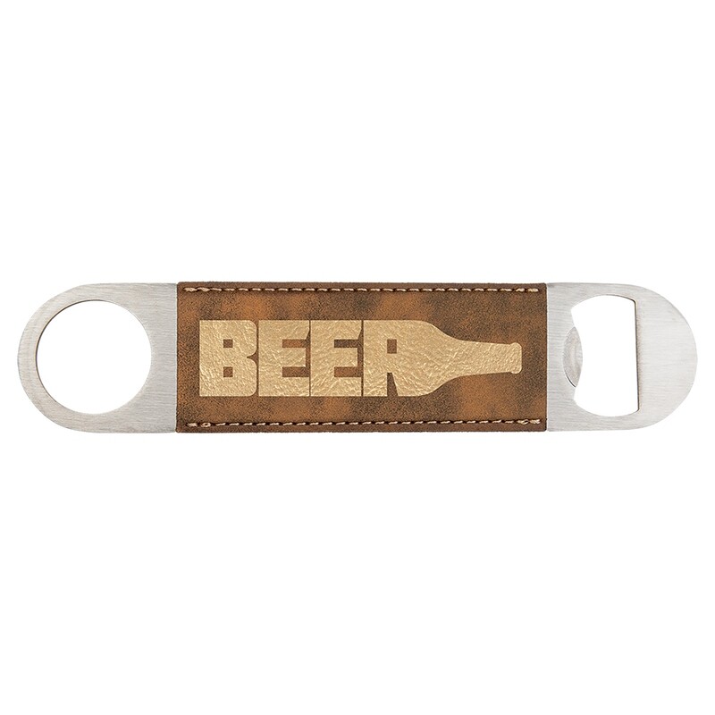 Hand Held Bottle Opener - Rustic Brown with Gold Leatherette