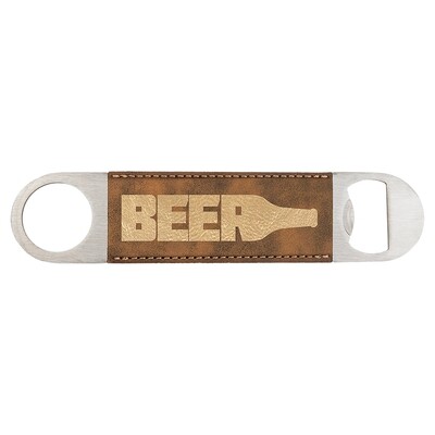 Hand Held Bottle Opener - Rustic Brown with Gold Leatherette