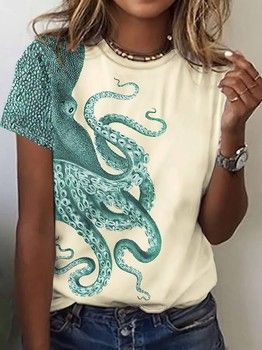 Ladies T-shirt Octopus Aqua on Beige