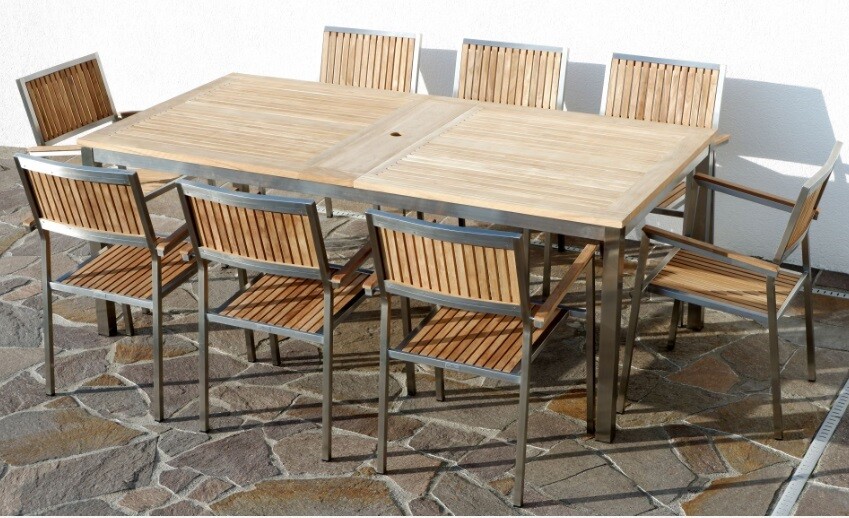 VRTNA GARNITURA KUBA–TEAK A RAZRED + INOX raztegljiva miza 200-280x100cm+8x  stoli