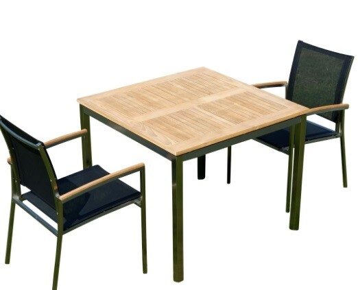 VRTNA GARNITURA KUBA - črna–TEAK A RAZRED + INOX miza 90x90 +2x stol