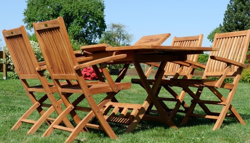 TEAK SET vrtna garnitura - izvlečna miza 100-140 x 80 cm + 4 zložljivi stoli z nasloni za roke