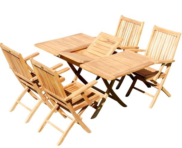 TEAK SET vrtna garnitura - izvlečna miza 100-140 x 80 cm + 4 zložljivi stoli z nasloni za roke