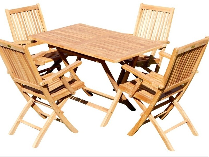 TEAK SET vrtna garnitura -  miza 120 x 70 cm + 4 x zložljivi stoli z nasloni za roke