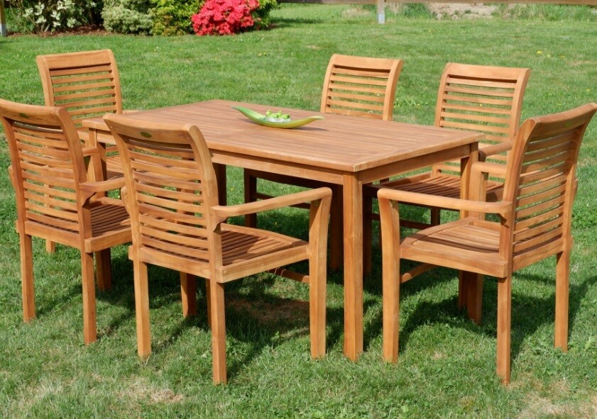 TEAK SET vrtna garnitura -  miza 150 x 80 cm + 6 x zložljivi stoli z nasloni za roke