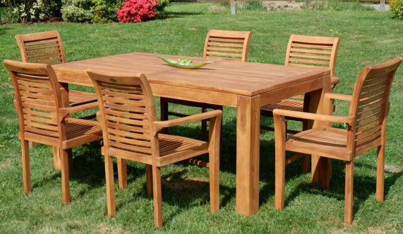 TEAK SET vrtna garnitura VELIKA NOGA - miza 180 x 90 cm + 6 x zložljivi stoli z nasloni za roke